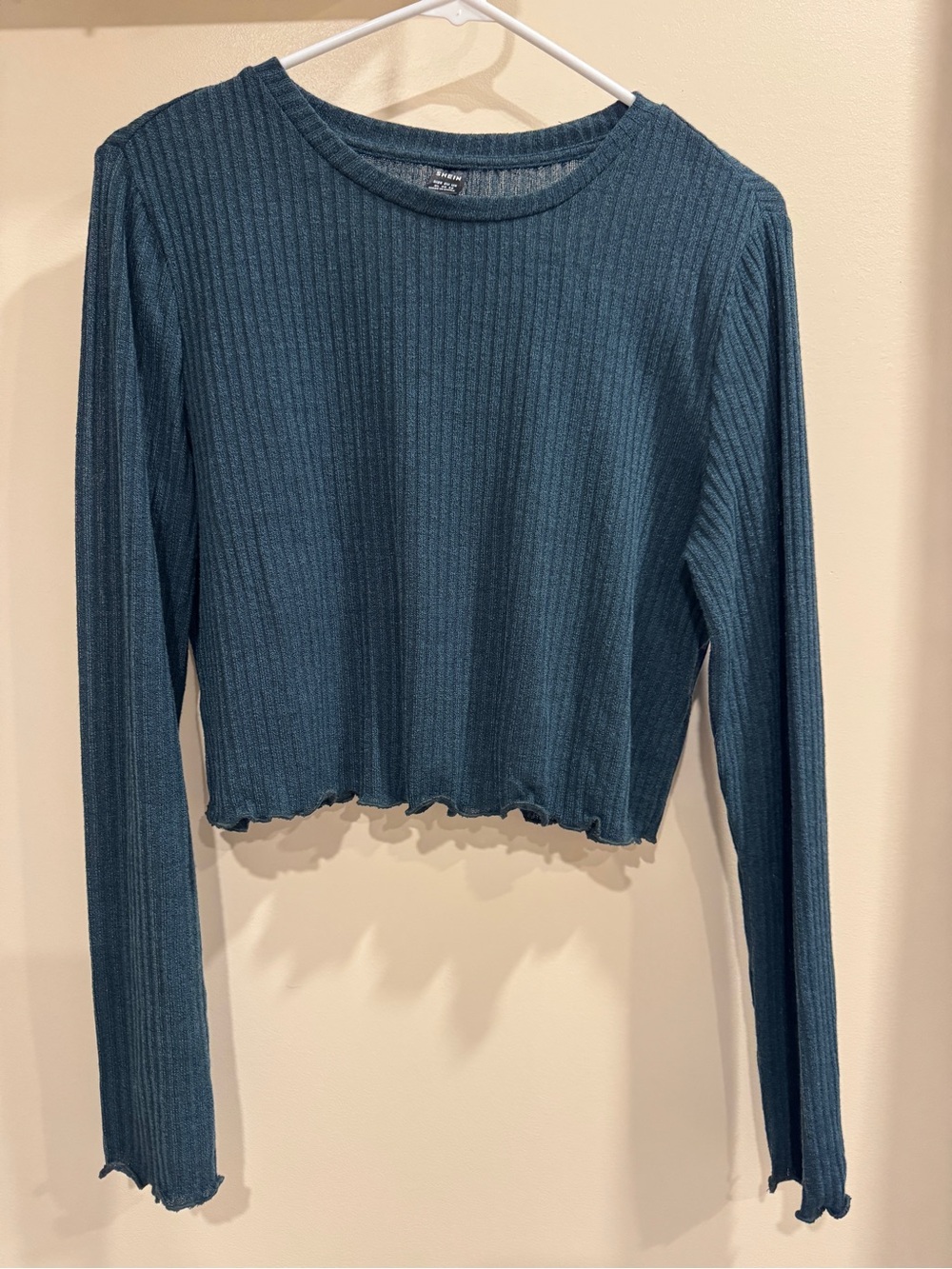 Teal Ribbed Long-Sleeve Crop Top